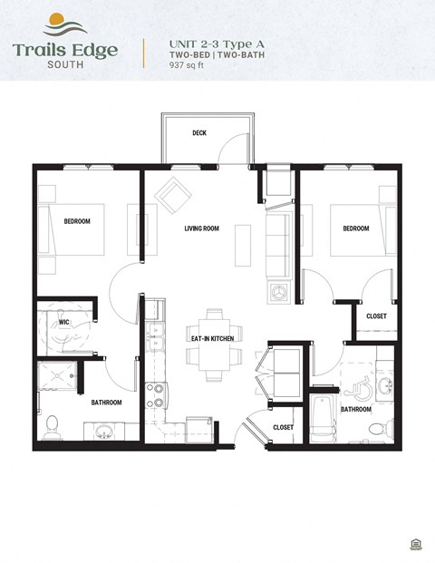Floor plan for 2 beds, 2 baths, 937 sqft